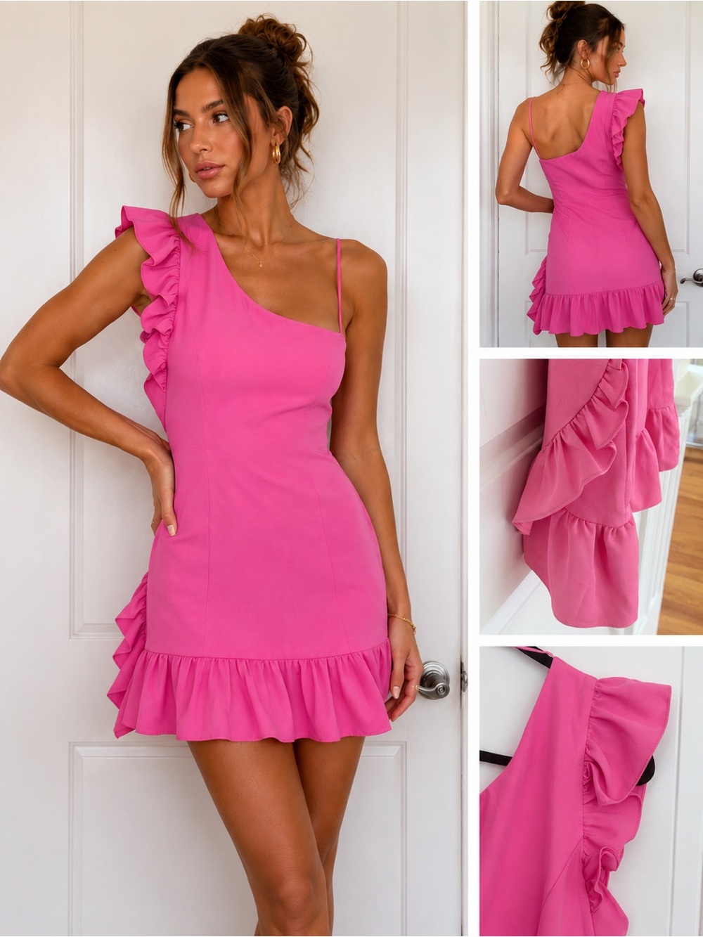 DO+BE One-Shoulder Ruffle Mini Dress - Bright Pink